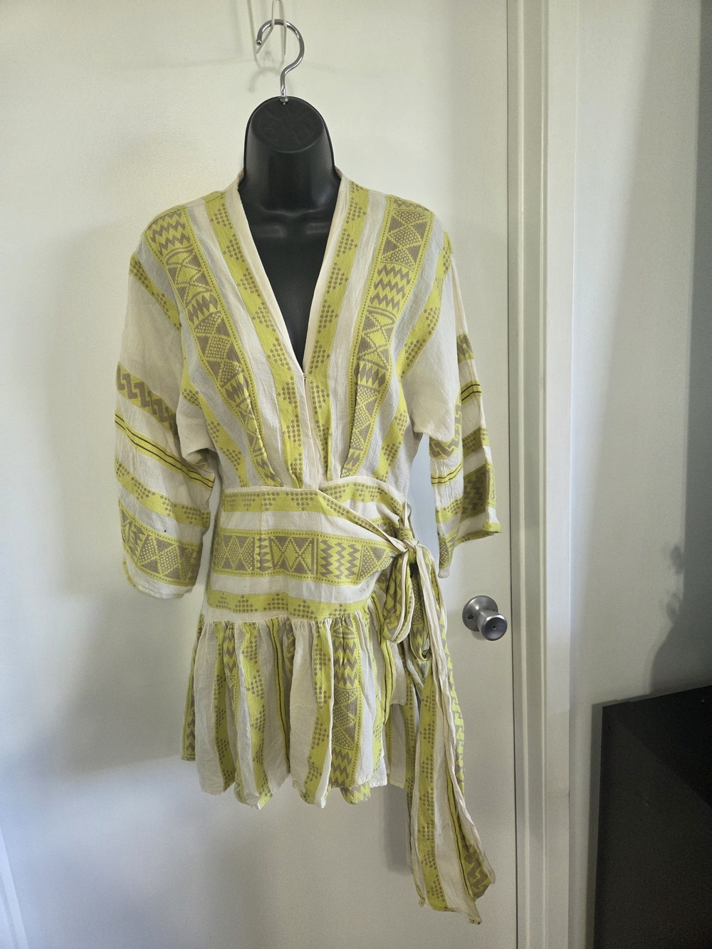 Devotion Twins Neon Yellow & Beige Geometric Print Ruffle Hem Wrap Dress Size S